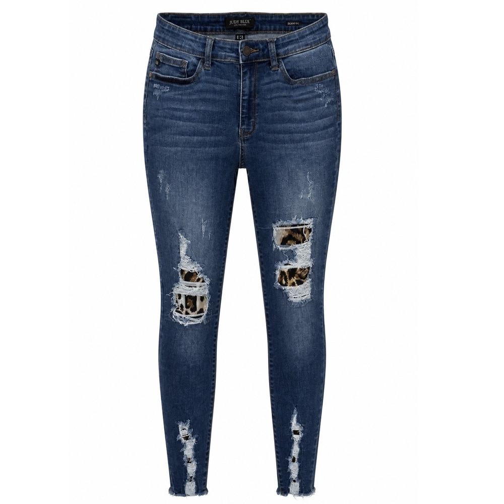 Judy Blue Skinny Jeans Womens 9/29 Blue Leopard Print Patches Distressed Edgy